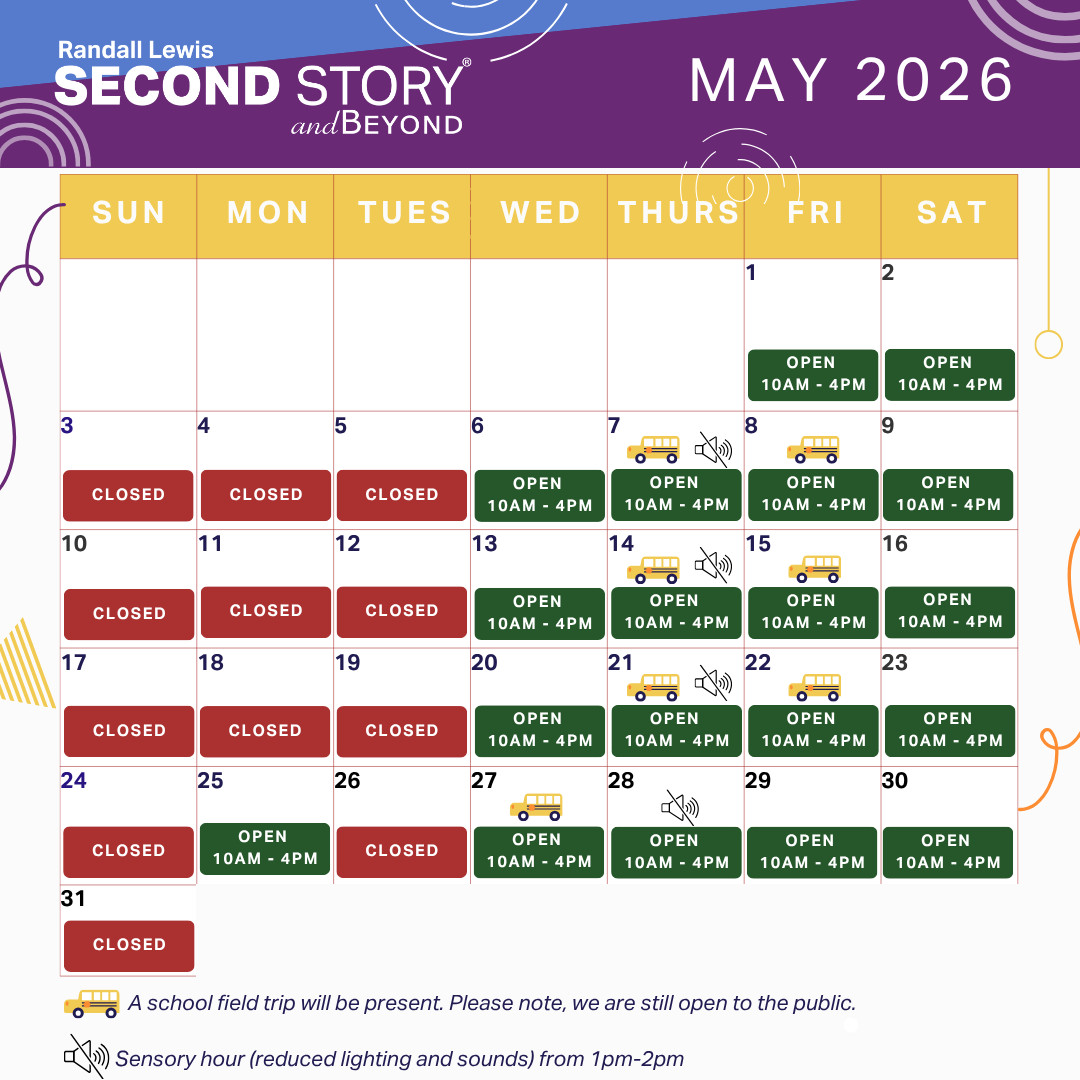 Calendar for May 2026. Open Wednesday - Saturday, 10am-4pm.