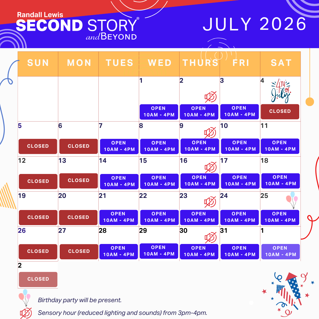 July 2026 calendar. Open Tuesday - Saturday 10am - 4pm.